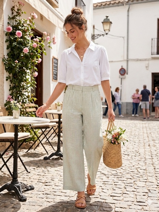 Abercrombie & Fitch Pants - Abercrombie & Fitch Sage-Striped Linen Blend Wide-Leg Pants Size 6/28